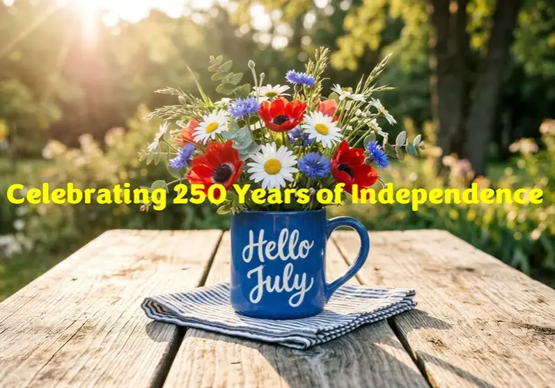 Ed Neir Construction July25 Newsletter Celebrates 250 years of independence - “Hello July” coffee of flowers on picnic table