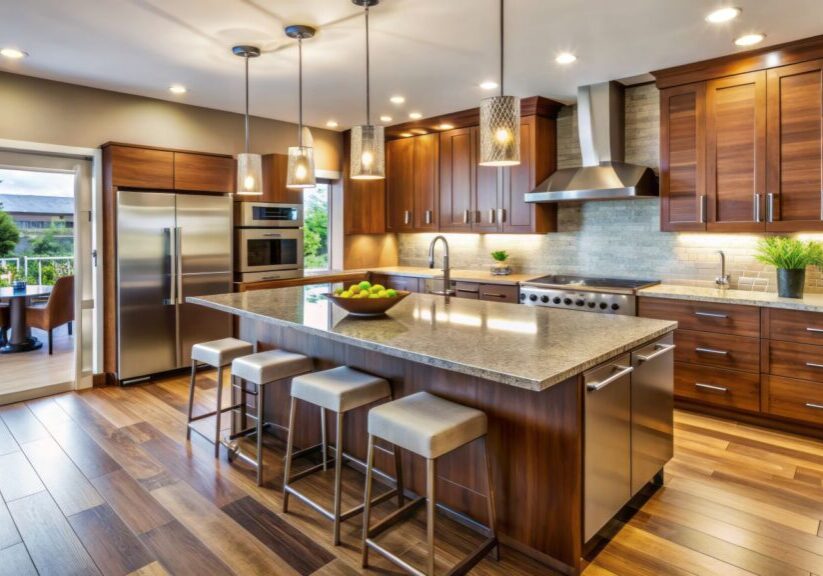 Ed Neir Construction provides aging-in-place upgrades that help boost home value: an accessible kitchen design features wide pathways, D-shaped drawer pulls + smart tech.