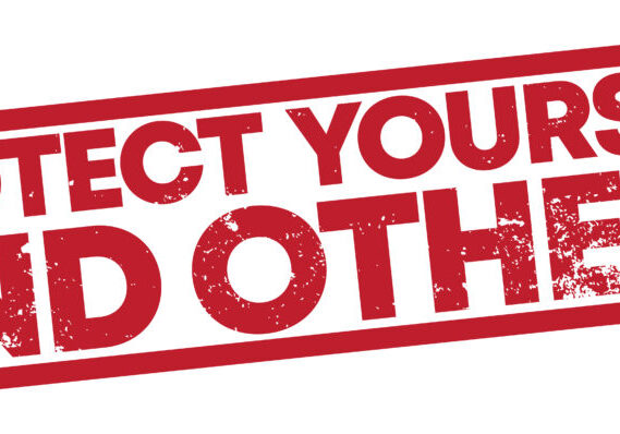 Alt tag: Red and white sign that states, "Protect Yourself and Others" by hiring a licensed contractor, not imposter.