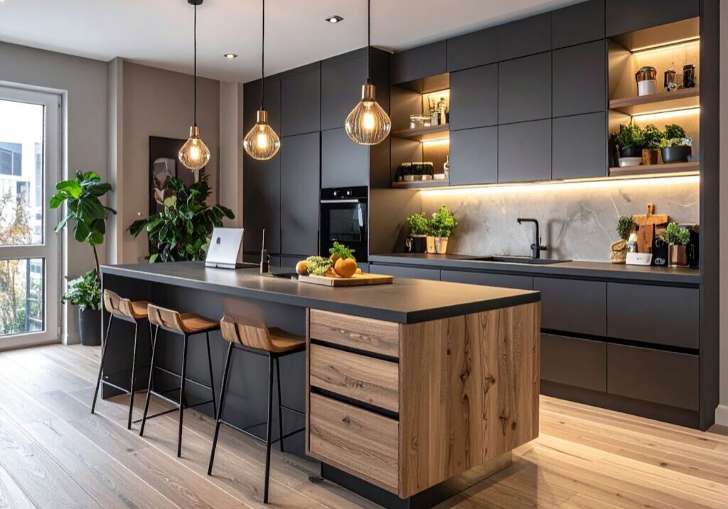 Ed Neir Construction does warm minimalist kitchen upgrades: Island with modern wood & black cabinets for minimalist kitchen.